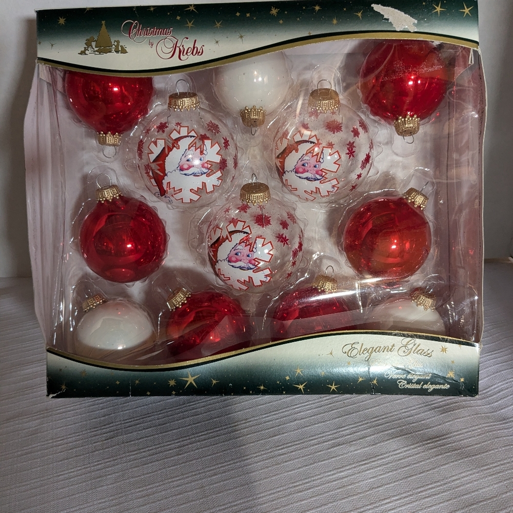 VTG Krebs 12 glass Christmas tree ornaments Santa flake red white